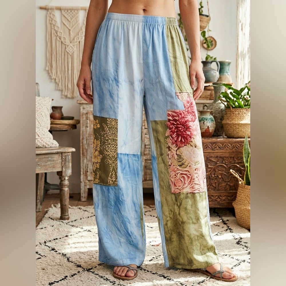 Patchwork Pattern Wide-Leg Pants - Multicolor NWT - image 1